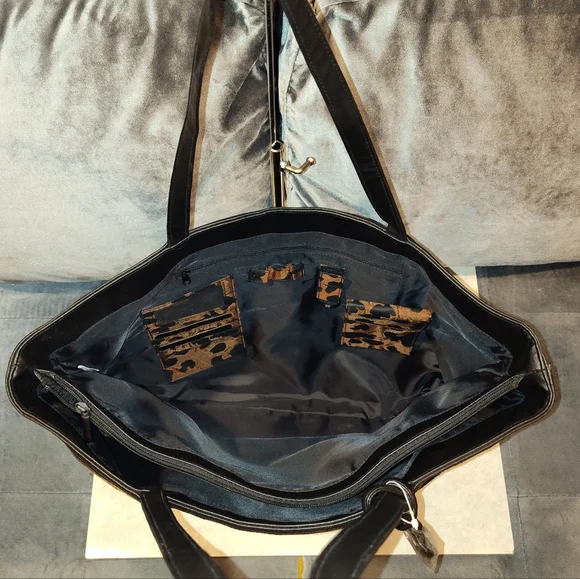 NWOT BUENO CALF HAIR ANIMAL PRINT 3 COMPARTMENT MESSANGER BAG TOTE BROWN & BLACK - Picture 13 of 16